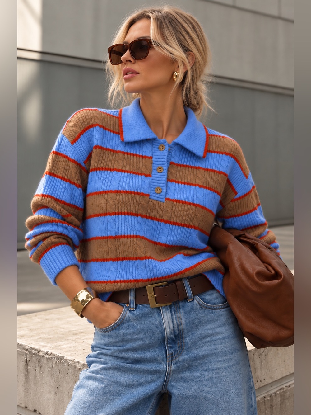 Beautiful Caroline Constas Blue, Brown & Red Striped Polo Sweater!